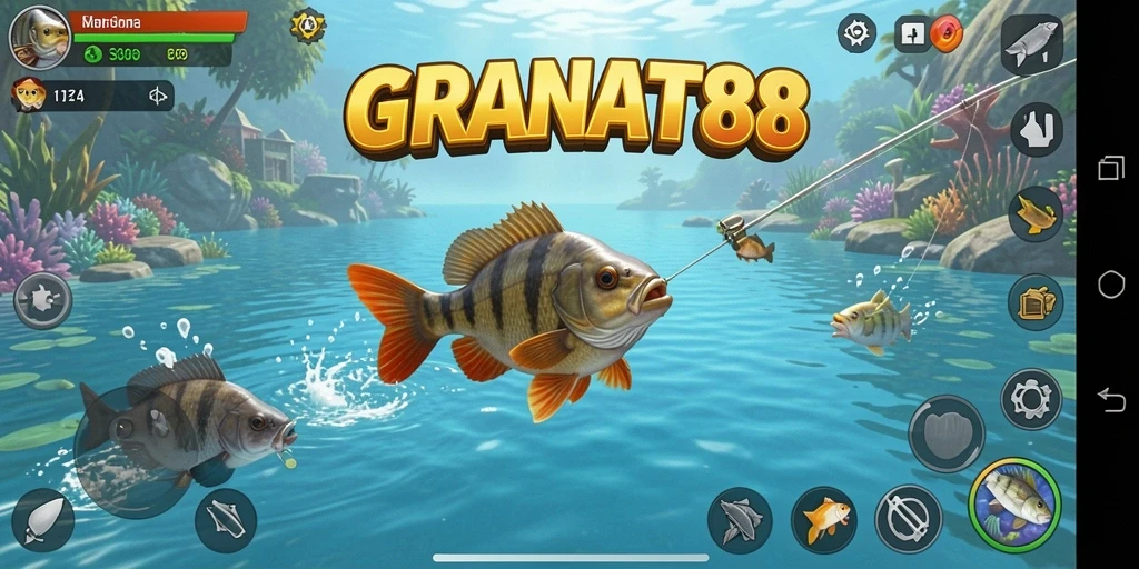 Screenshot gameplay <strong>GRANAT88</strong> yang menunjukkan keseruan memancing.