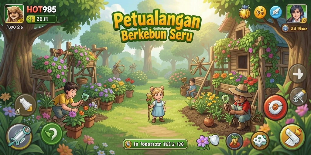 Screenshot HOT985 menampilkan kebun indah penuh tanaman dan hewan.