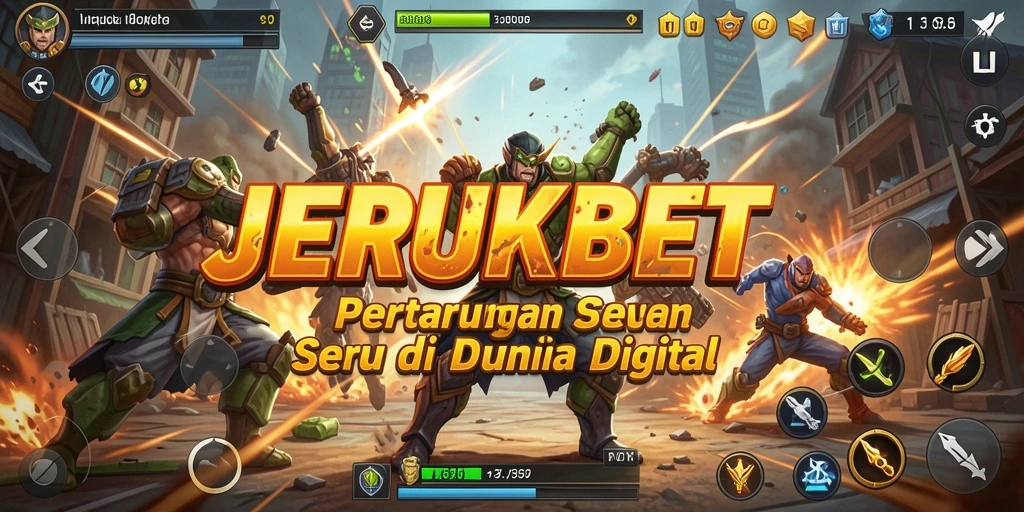 Screenshot menampilkan pertarungan seru dalam JERUKBET dengan karakter unik.