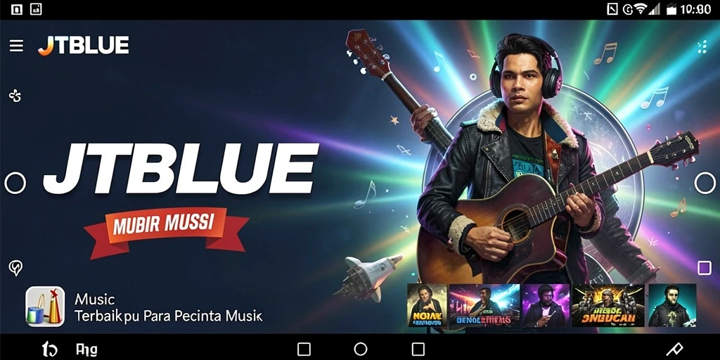Screenshot JTBLUE menunjukkan antarmuka pengguna yang menarik dengan berbagai pilihan musik.