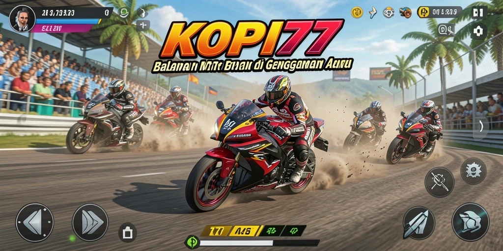 Screenshot gameplay KOPI77 menampilkan aksi balapan motor yang mendebarkan.