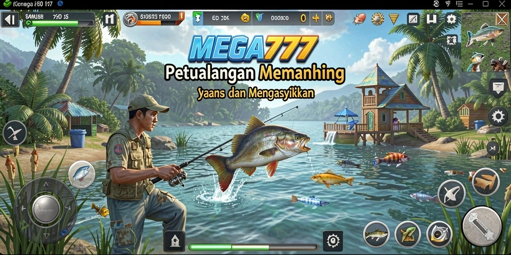 Screenshot MEGA777 menampilkan aksi seru memancing di lautan yang luas.
