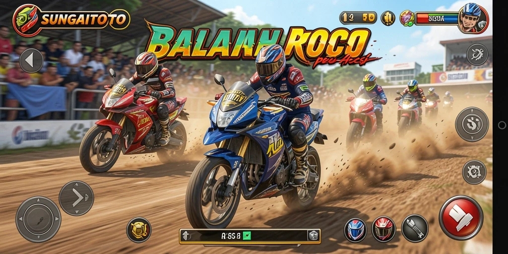 Tangkapan layar gameplay SUNGAITOTO menampilkan balapan motor yang mendebarkan di trek yang menantang.
