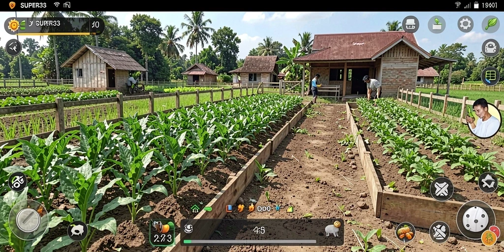 Screenshot gameplay SUPER33 yang menunjukkan aktivitas pertanian yang seru.