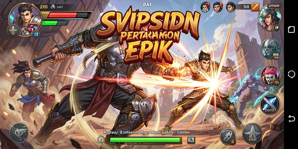 Screenshot gameplay SVIPSIDN menampilkan pertarungan yang intens dan karakter yang beragam.